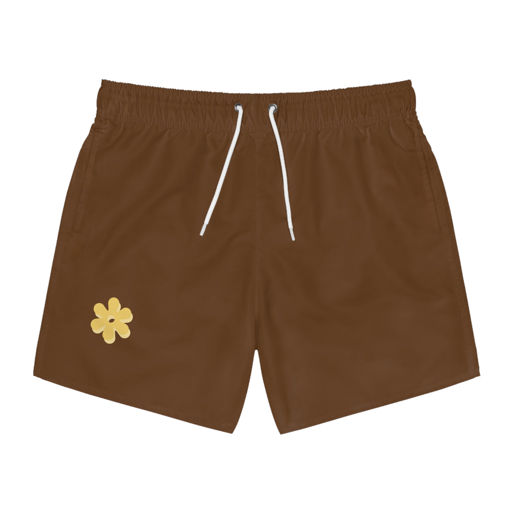 Yellow Daisy Swim Trunks | Brown Floral Beach Shorts