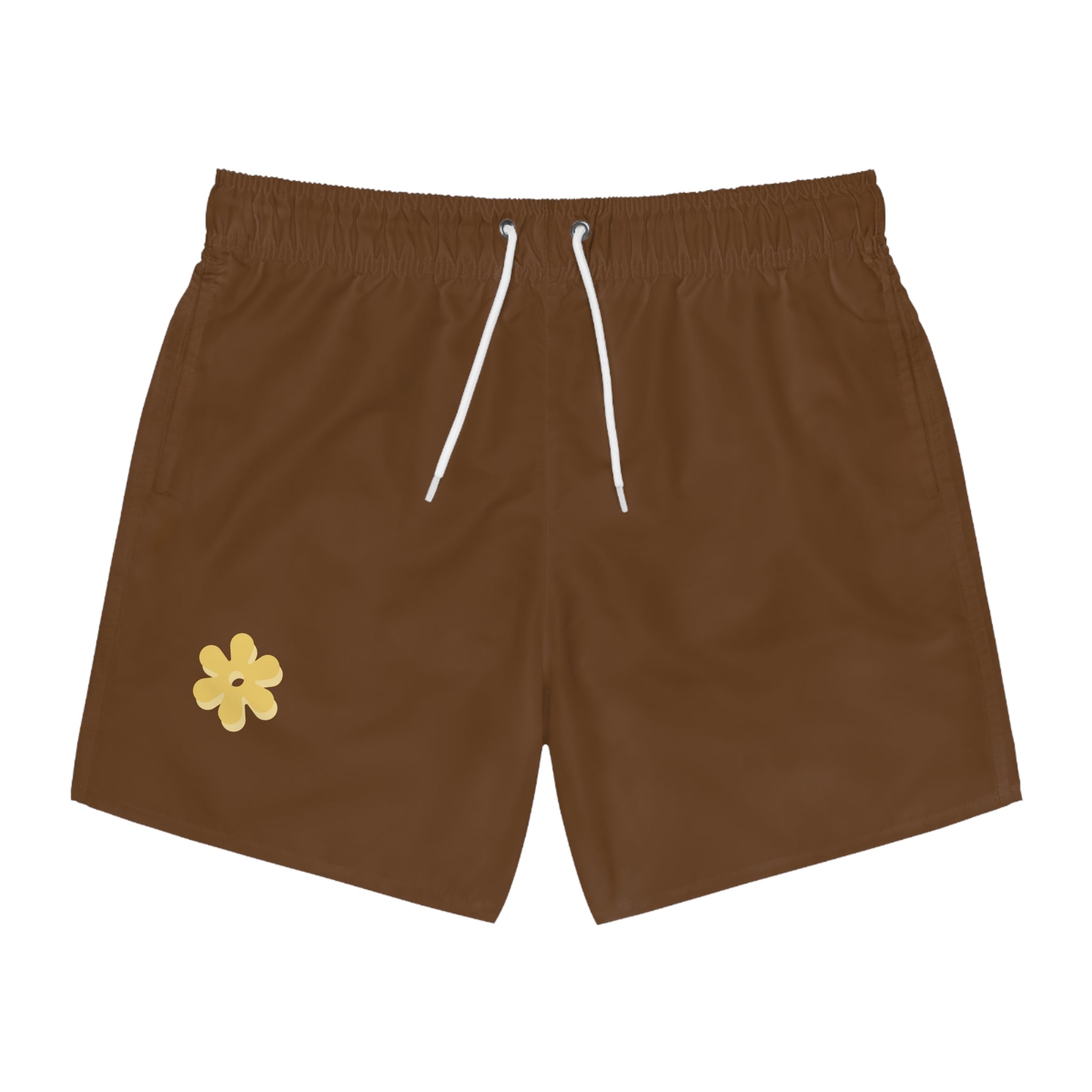 Yellow Daisy Swim Trunks | Brown Floral Beach Shorts