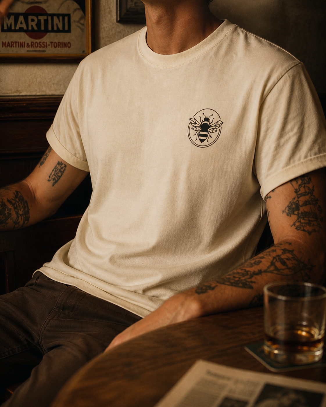 Retro Bee Emblem T-Shirt | Small Chest Logo, Minimalist Insect Graphic