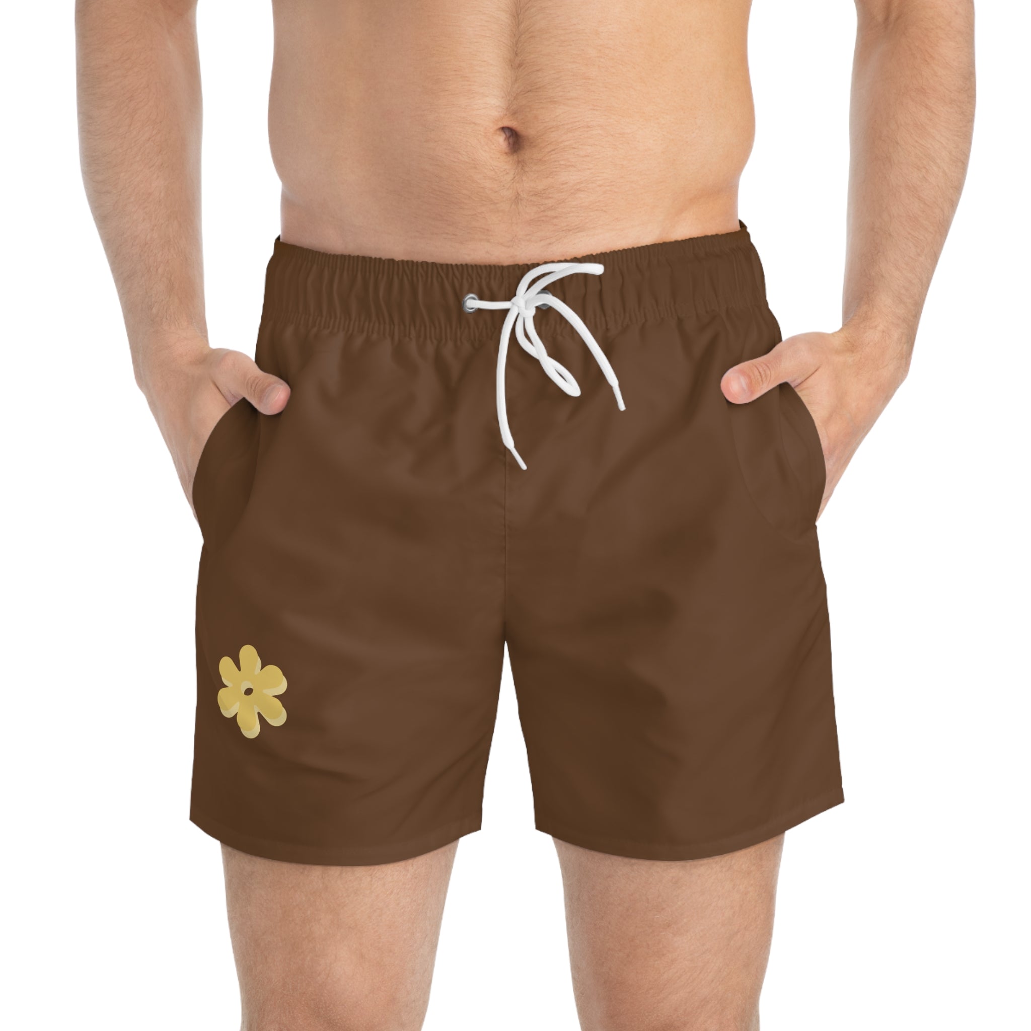 Yellow Daisy Swim Trunks | Brown Floral Beach Shorts
