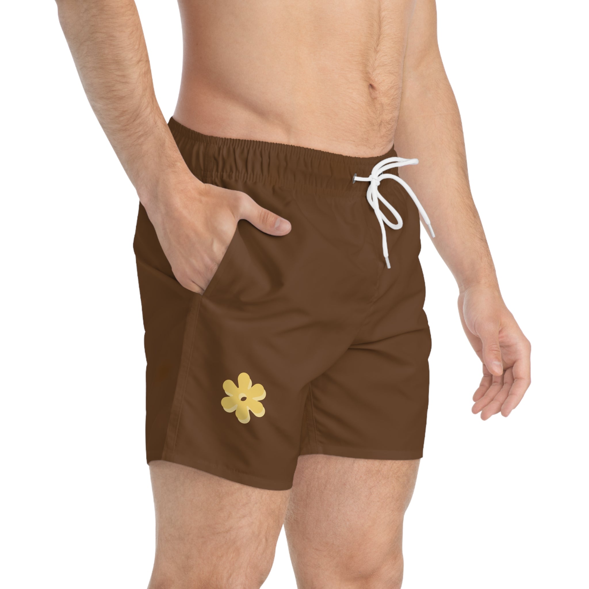 Yellow Daisy Swim Trunks | Brown Floral Beach Shorts